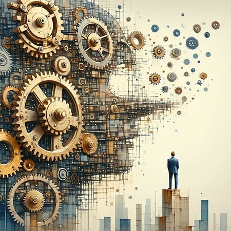 Human robotic face made up of cog wheels illustrating knowledge automation