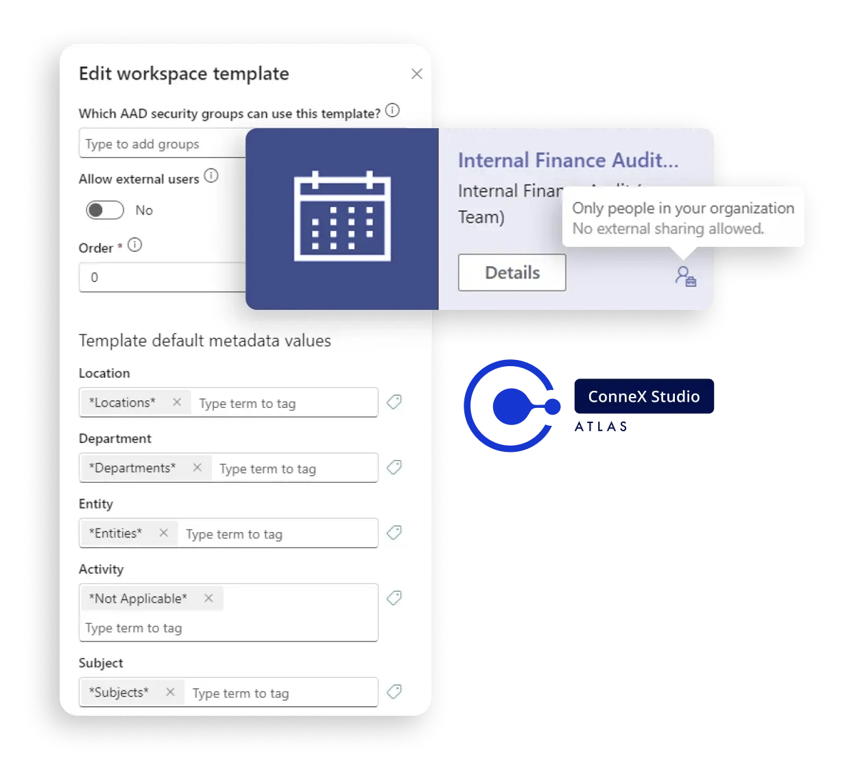 Atlas Connex Studio showing workplace template and meeting details for an internal finance audit and ConneX governance Icon with dots