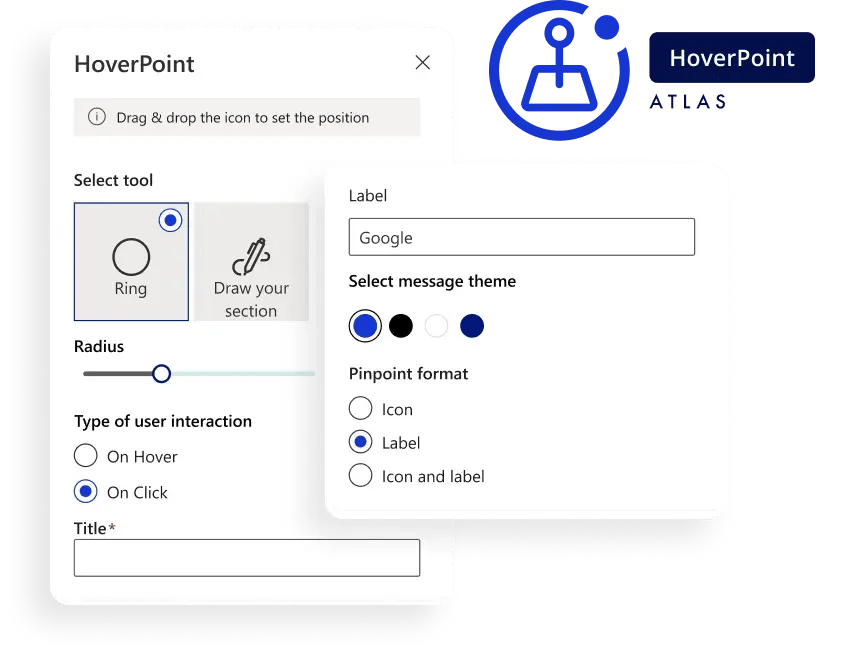 diagram illustrating Atlas Hoverpoint feature with 3 pop up screens on a blue background with dots and images like a bird and keys
