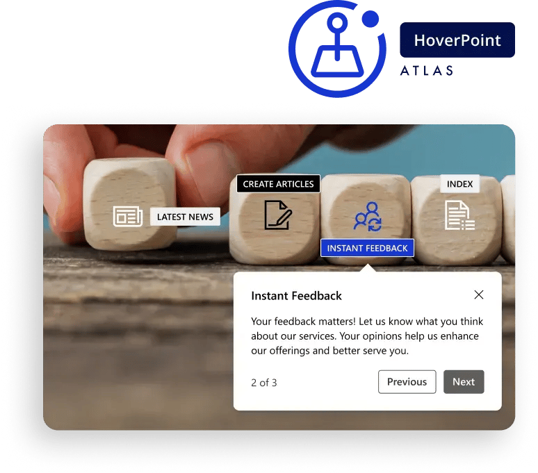 Monitor mockup with diagram illustrating Atlas Hoverpoint feature with a flyout screen on a blue background