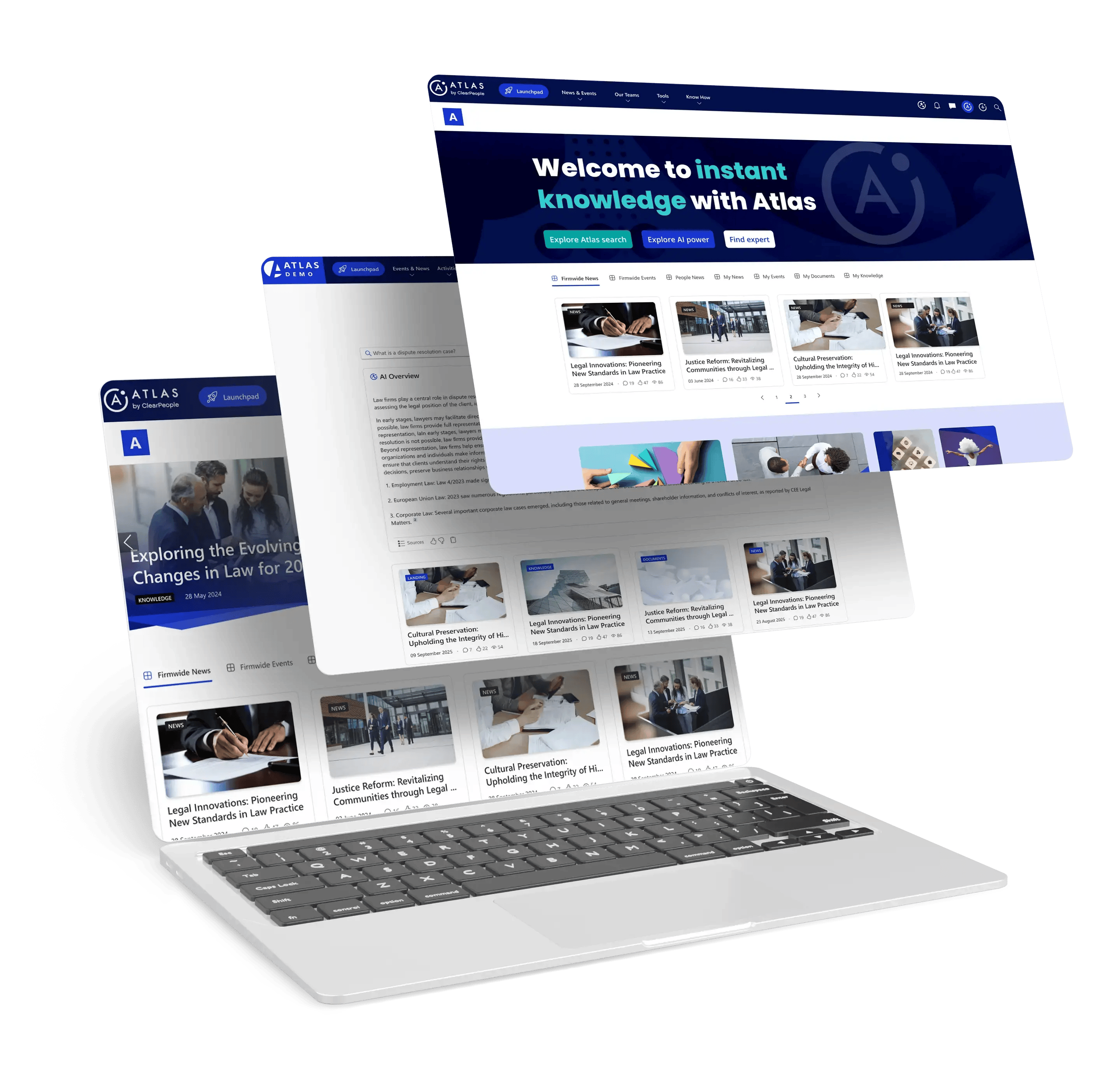 Laptop with 3 screenshots of Atlas and colourd dots behind that. 