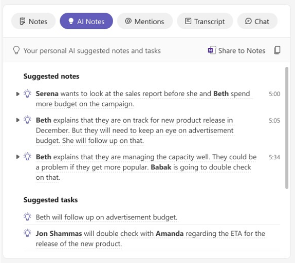 Microsoft Teams Premium Meeting Outcomes AI notes