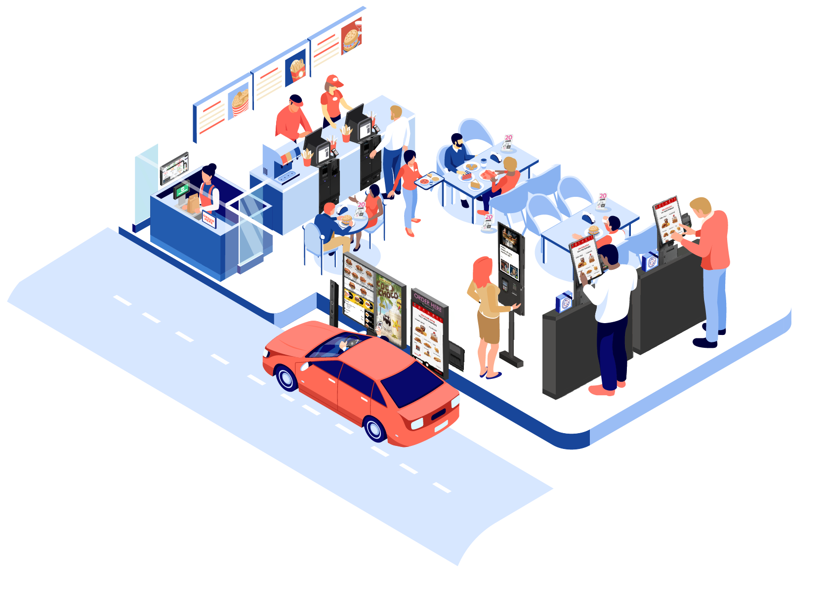 Illustrated people in a restaurant showing Glory Global Solutions: Trusted Automation for Key Industries