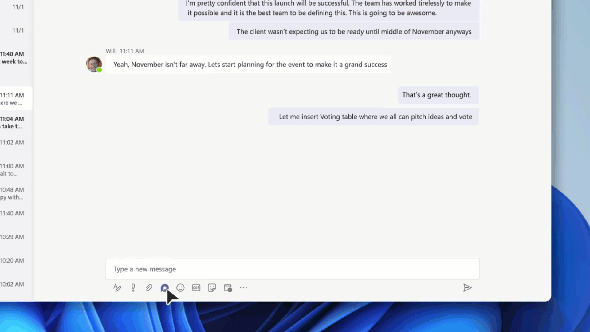 Microsoft Loop let's you insert and edit a table in a Teams chat.