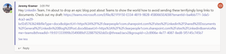 Microsoft Teams post screenshot long URL