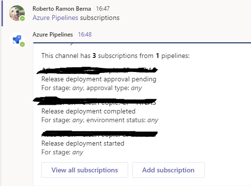 Azure Pipelines subscriptions screenshot