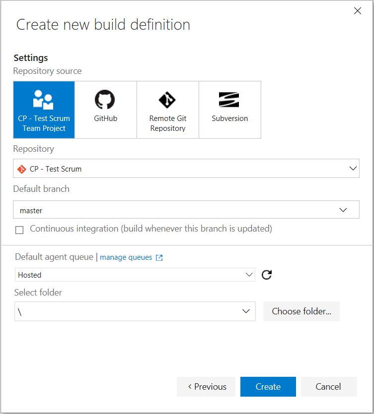 Create a new build definition in Team Services source control