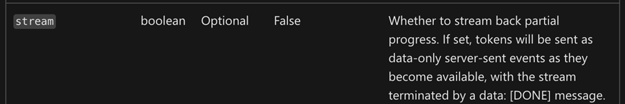 The Azure OpenAI stream parameter documented