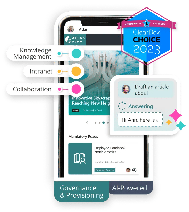 AI message box with Ann and Knowledge Management Intranet Collaboration ClearBox Choice 2023