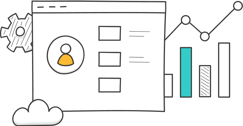 Illustration with contact card and graphs