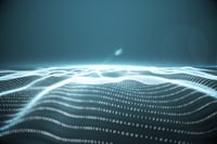 Digitally generated binary code landscape on blue background