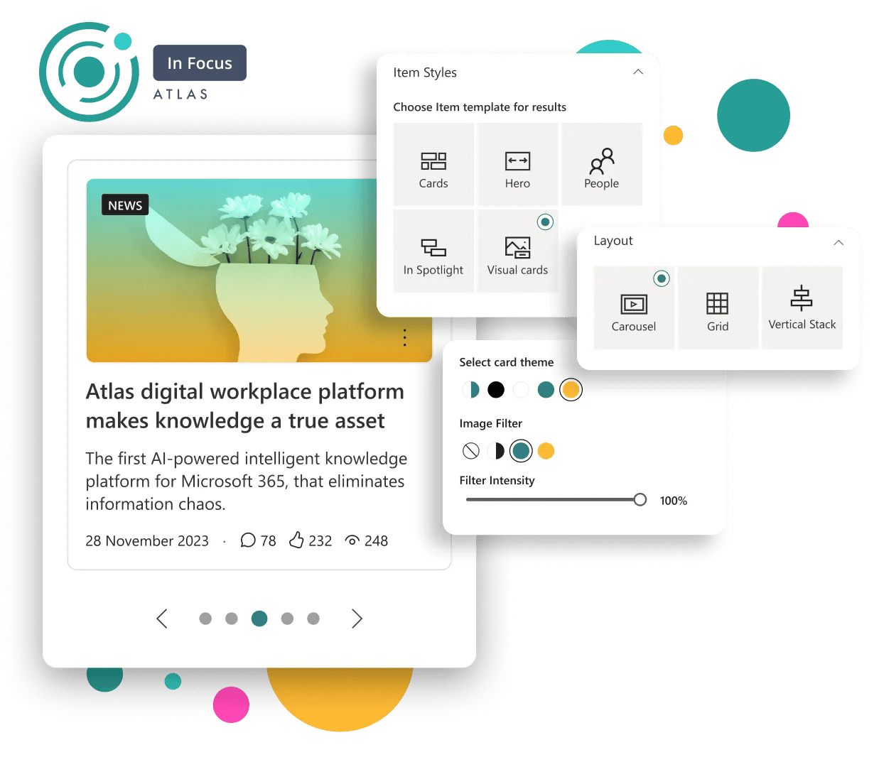 Atlas digital workplace platform makes knowledge an asset with a yellow head opening with flowers, Item styles Themes, Image Filters, Intensity dots