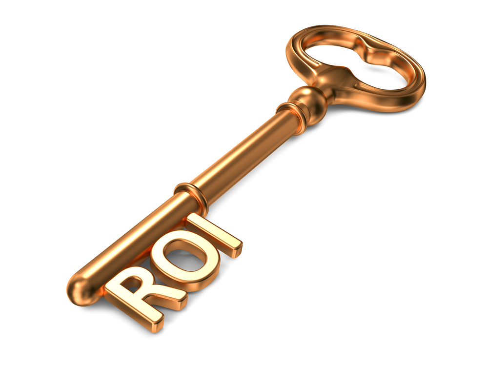 ROI - Golden Key on White Background. 3D Business Concept.