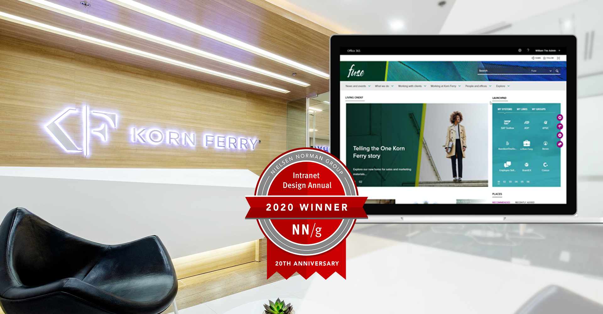 Nielsen Norman Group (NNG) Annual Intranet Design award badge with Korn Ferry digital workspace