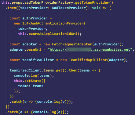 Screenshot of code used for using a Kiota client for your API in a SharePoint framework solution