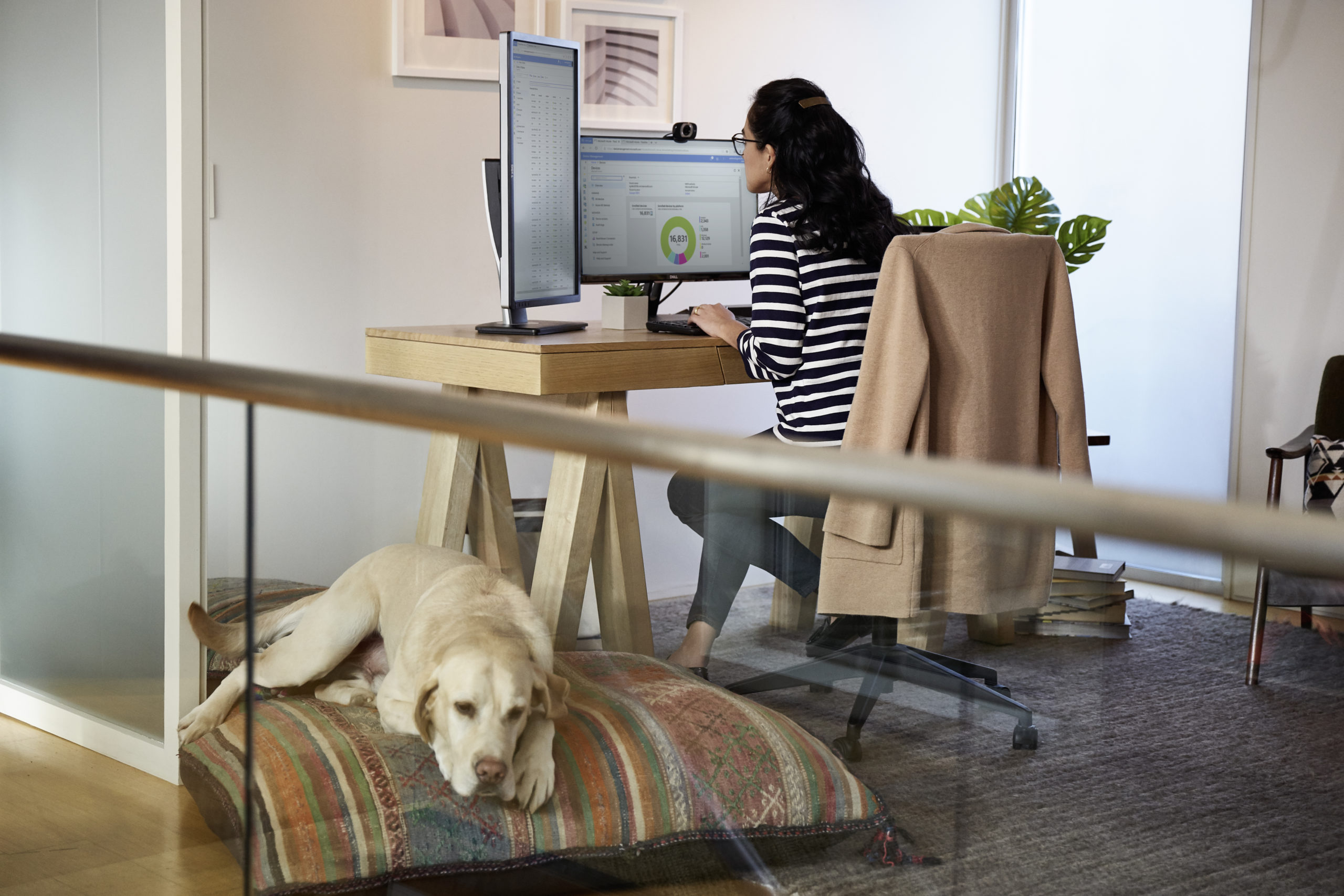 Woman working at home with dog next to her